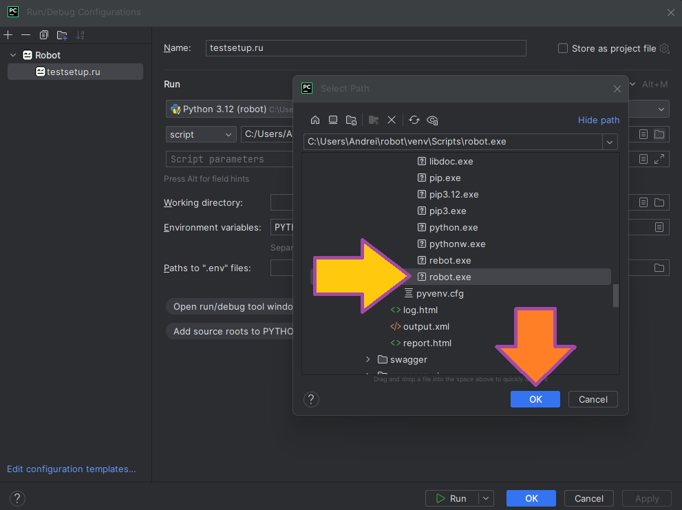 Настройка конфигурации запуска PyCharm для Robot Поддержка Robot Framework в PyCharm изображение с сайта www.testsetup.ru изображение с сайта www.testsetup.ru