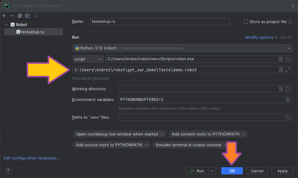 Настройка конфигурации запуска PyCharm для Robot Поддержка Robot Framework в PyCharm изображение с сайта www.testsetup.ru изображение с сайта www.testsetup.ru
