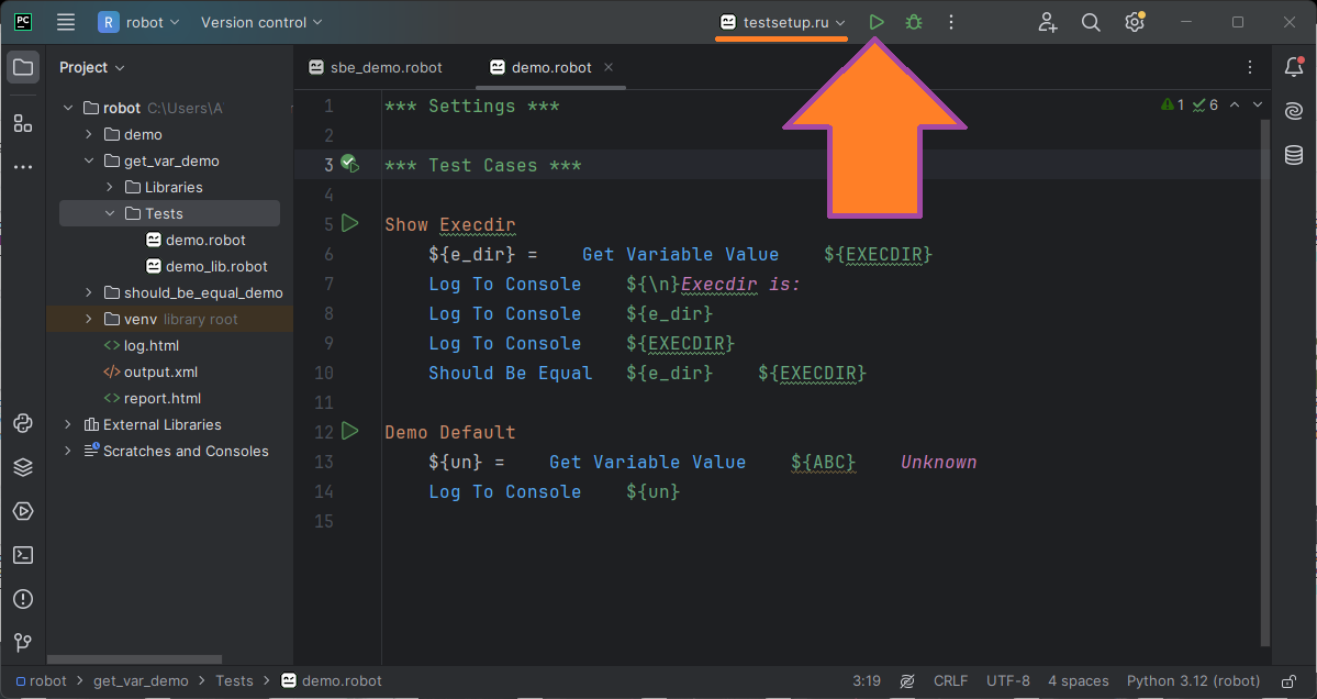 Настройка конфигурации запуска PyCharm для Robot Поддержка Robot Framework в PyCharm изображение с сайта www.testsetup.ru изображение с сайта www.testsetup.ru